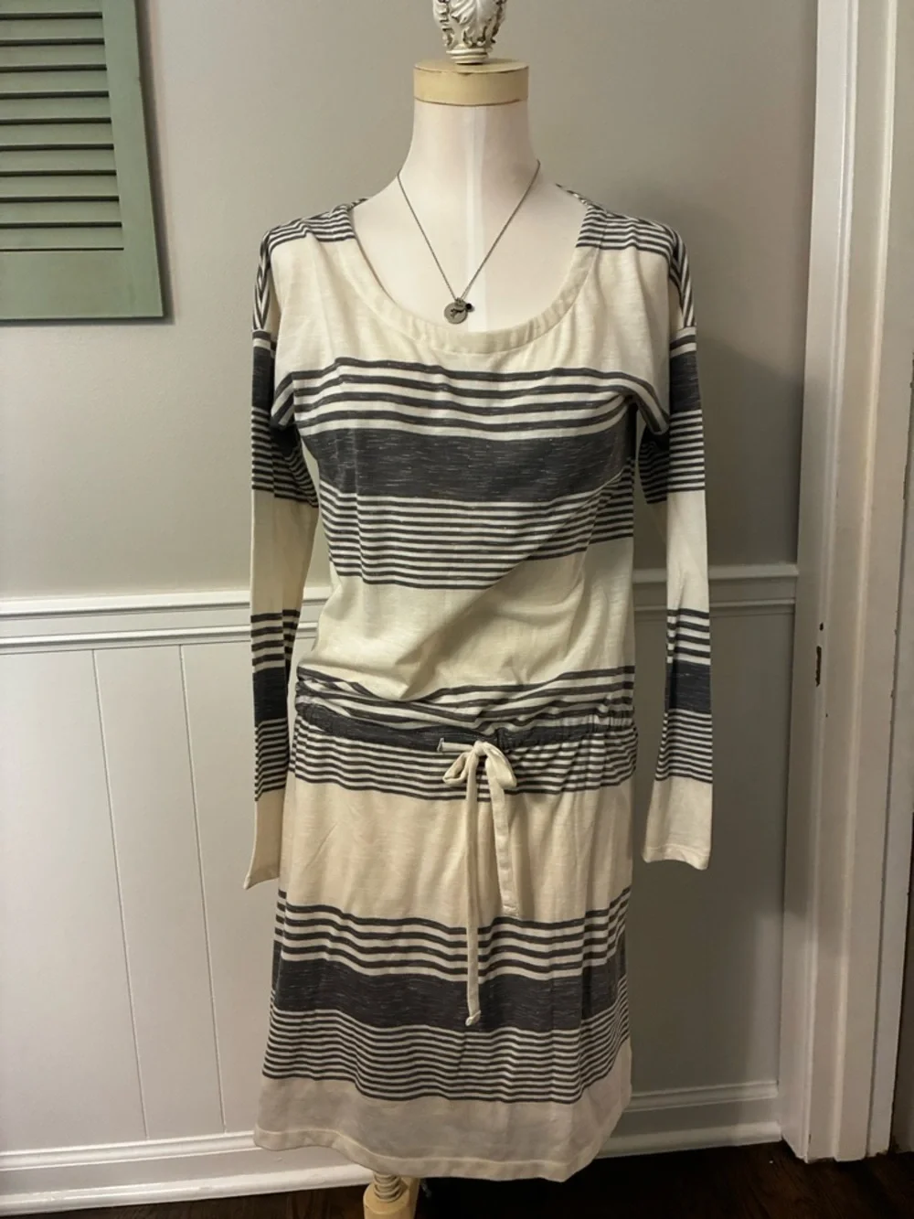 GAP Gray and Cream Striped Long Sleeve Dress